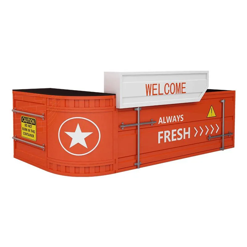 

Креативное кафе и магазин одежды в индустриальном стиле, бильярдный зал из металлических конструкций, контейнерной формы с угловой кассой.