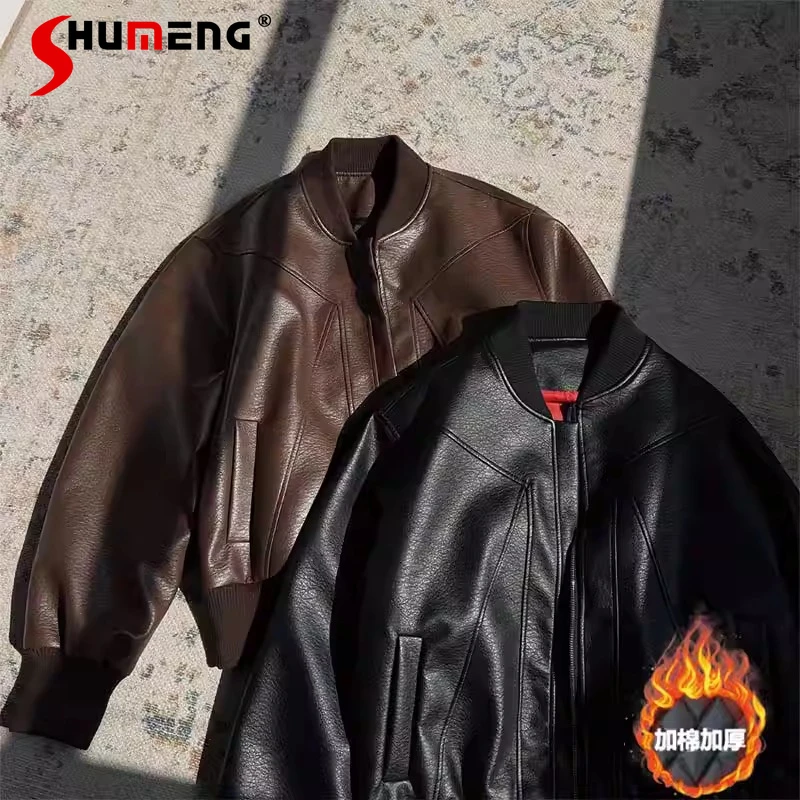 

American Style Baseball Collar Splicing Chic Faux Leather Jackets Men 2025 New Thickened Warm Trendy Motorcycle Outerwear Parkas