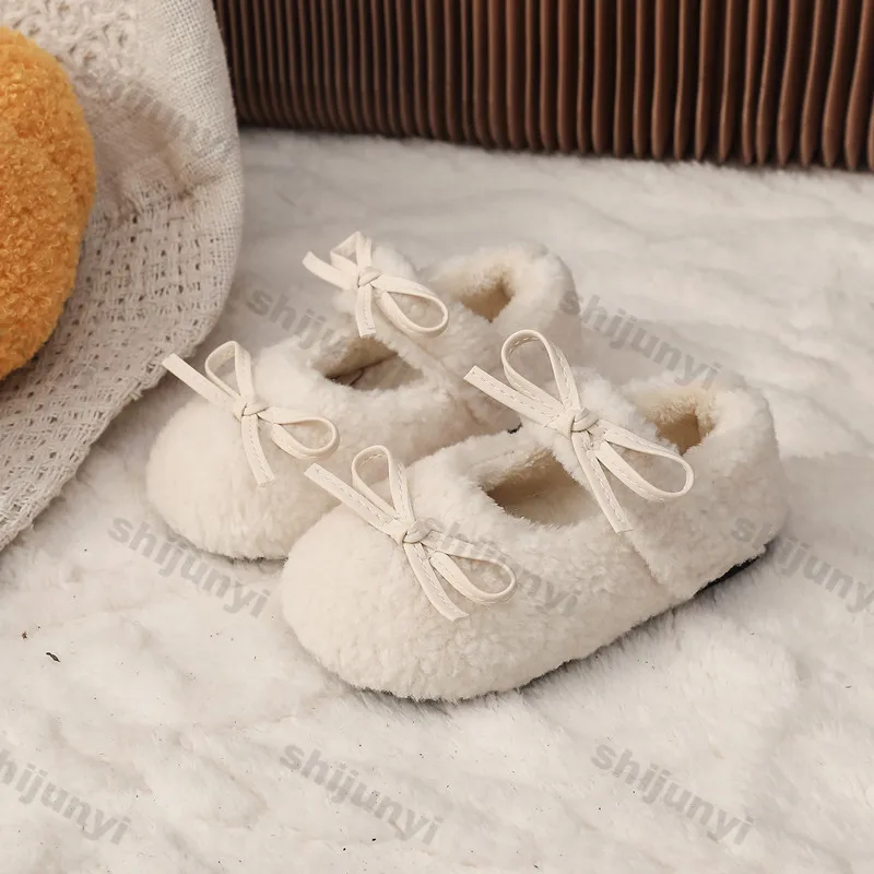 Children Winter Cotton Shoes Kids Thick Warm Plush Fur Shoes Girls Winter Bows Cotton Padded Warm Fur Fluffy Kids Flats Loafers