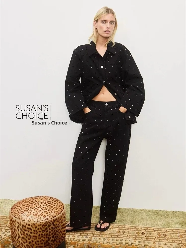 Susan Australian Holiday Sle Long Sve Denim Jaet Pantaloni a gamba larga Set Faion da donna Casual Four Seasons Abito per adulti