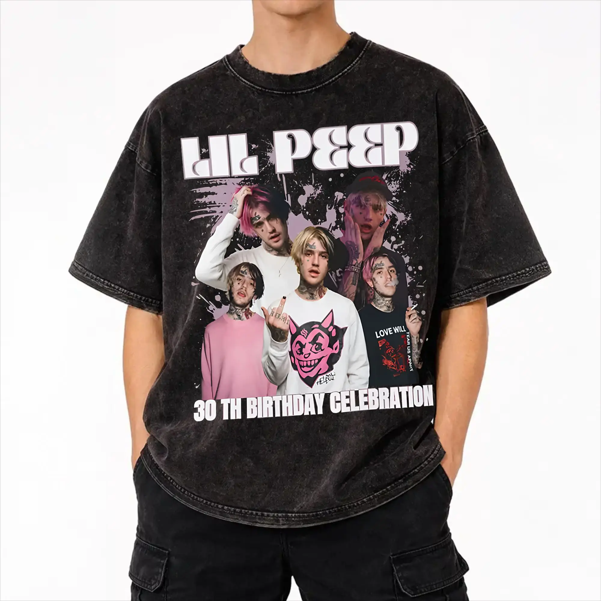 Harajuku Washed Shirt  Lil Peep 30th Birthday Celebration Tour 2026 Merch Novelty T-Shirts High Street  Streetwear Short Sleeve