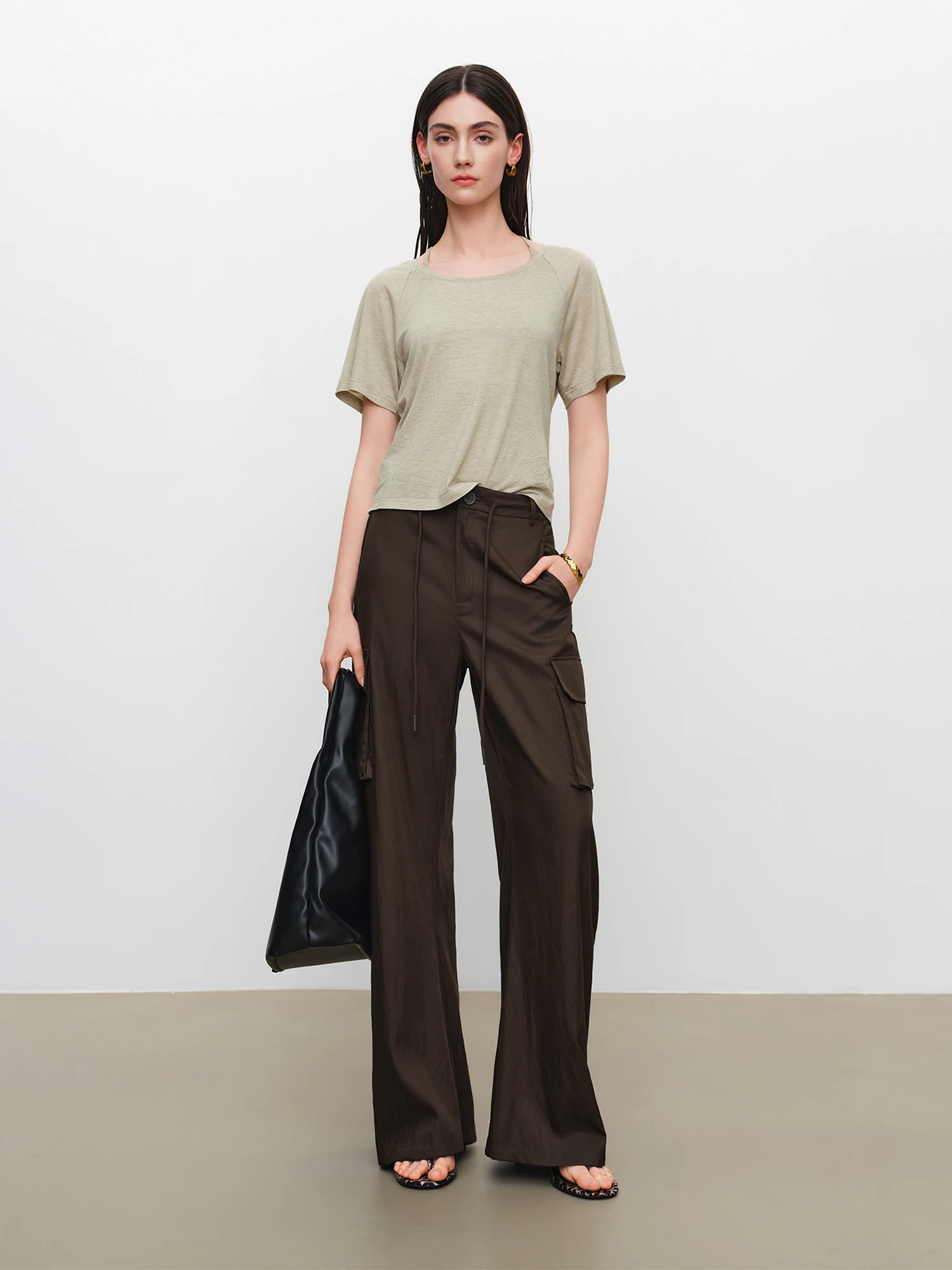 ZIQIAO Women 3 Pieces Outfit O-Neck Short Sleeve Tops Halter Camisole High Waist Irregular Midi Skirt Slim Casual Solid Daily image 4