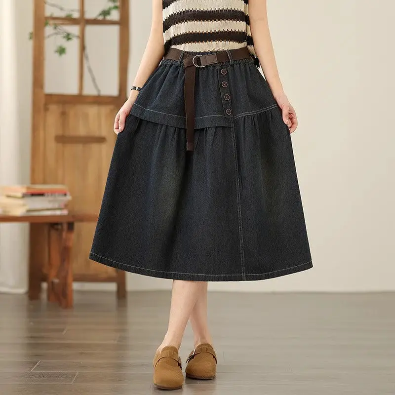 Jupe trapèze en Denim rétro artistique pour femmes, taille haute, extensible, décontractée, Vintage, avec ceinture réglable, été 2025, G707