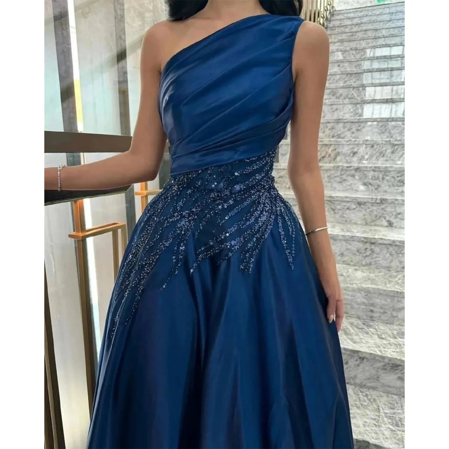 

Синие вечерние платья на одно плечо с блестками и бисером, платья для выпускного вечера в Саудовской Аравии, вечернее платье по индивидуальному заказу, свадебные платья