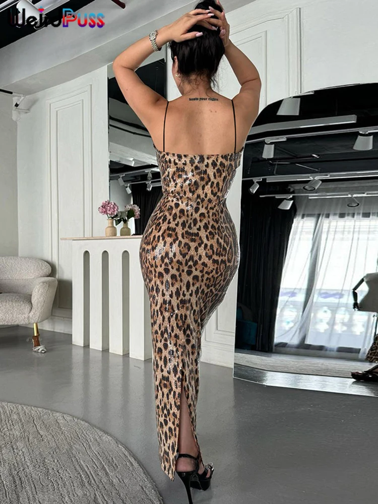 Weird Puss Sequins Irregular Split Dress Women Sexy Midnight Summer Trend Leopard Print Skinny Stretch Birthday Party Bodycon