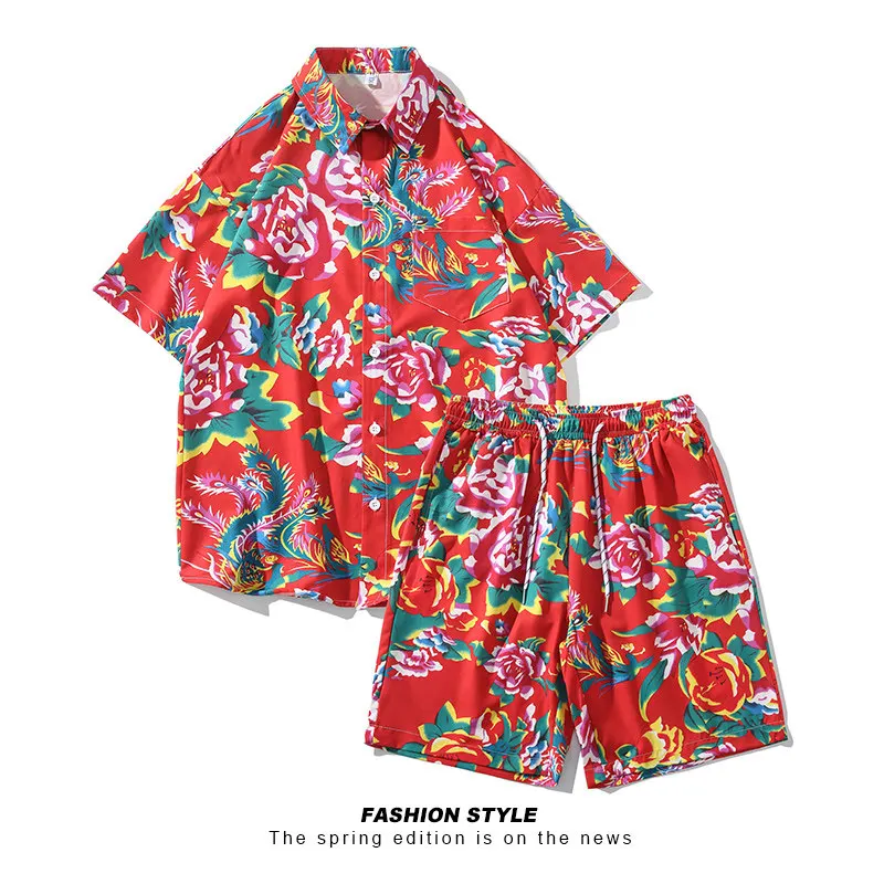 

2026 Summer Northeast Chinese Floral Short Sleeve Shirt Beach Pants Set Retro Unisex Outfit Lightweight Breathable Daily Wear