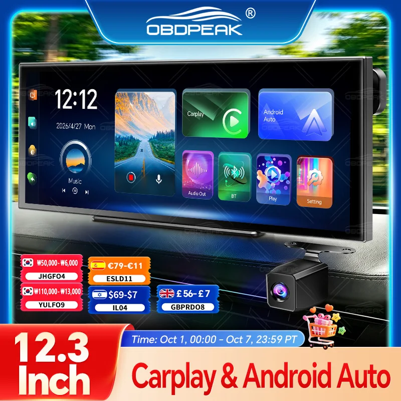 OBDPEAK 12.3" K9 MAX Cámara DVR para Auto 4K Dash Cam Inalámbrica Carplay Android Auto Navegación GPS Grabación de Video Retrovisor 5G WiFi Mirror Link
