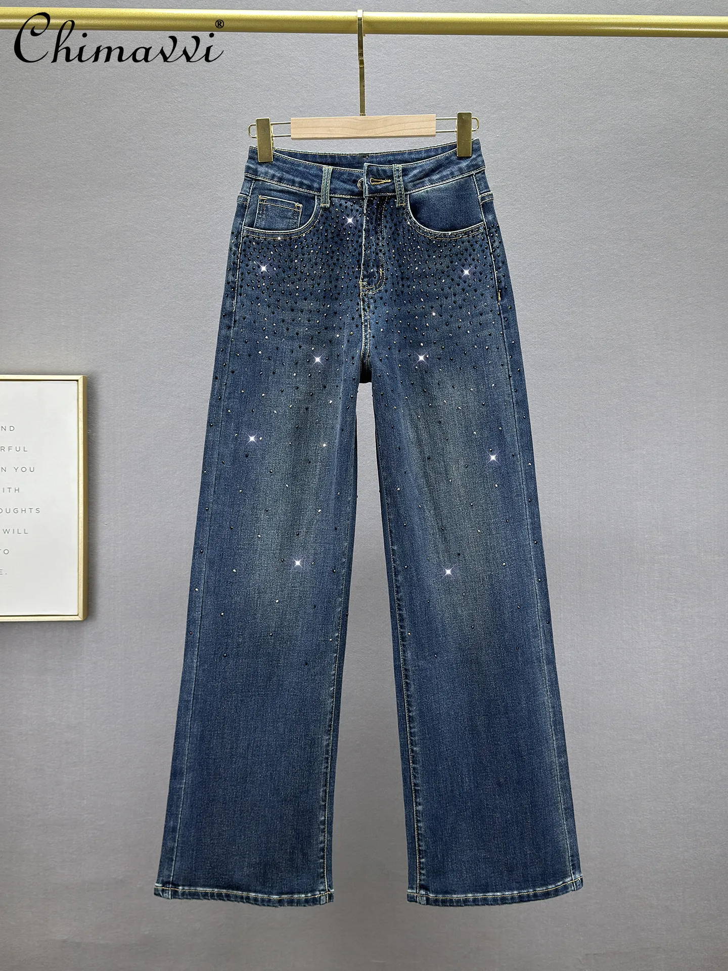 

Heavy Rhinestone Denim Straight-leg Pants Women Spring New High-waisted Loose Slim European-style Heavy Floor-length Trousers