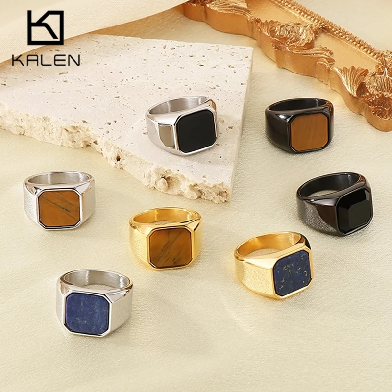 KALE Domineering Stainless Steel Natural Stone Ring Men Chunky Amber Stone Gold Color Accessories Women's Anillos Trend Jewelry