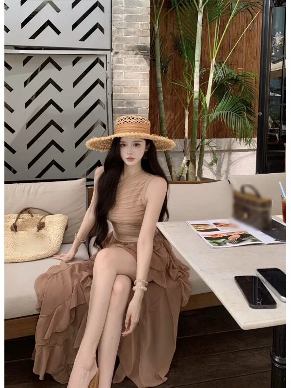 

High Waist Knitted Half Skirt Set Women's Fashion Slim Fit Texture Sensation Zipper Top And Skirt Ensemble Korean Style Summe...