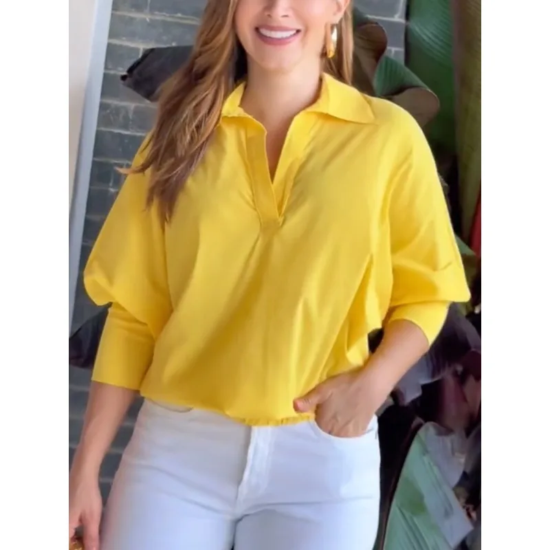 

Women's Yellow Oversized Lapel Collar Three-Quarter Sleeve Shirt 2026 Casual Vacation Top for Summer Beach & Daily Outfits