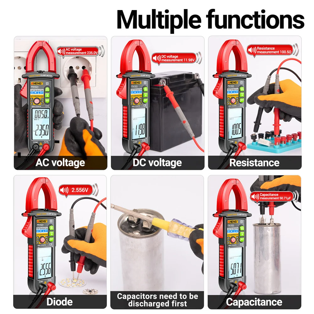 PN102+ Smart Voice Clamp Meter 6000 Counts Auto Ranging Mulitimeter Clamp AC/DC Voltage Meter Diode Hz Current Tester