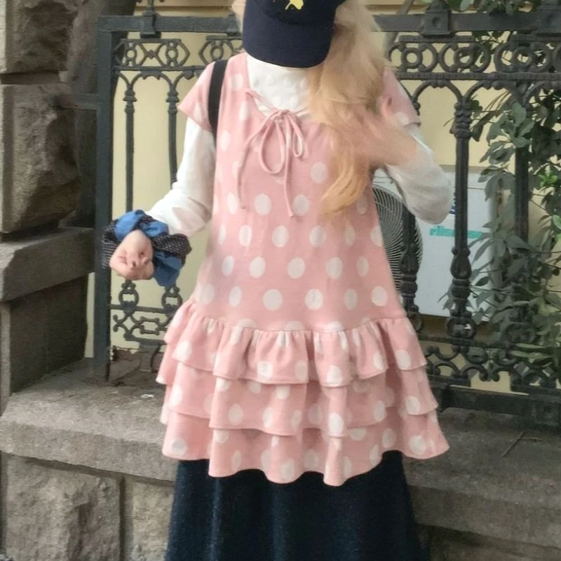 Japonia Y2K lata 2000 Uczennice Dziewczyny Słodka Różowa Sukienka w Kropki z Falbankami i Uroczy Dwuczęściowy Zestaw: Bluzka z Długim Rękawem i Sweter