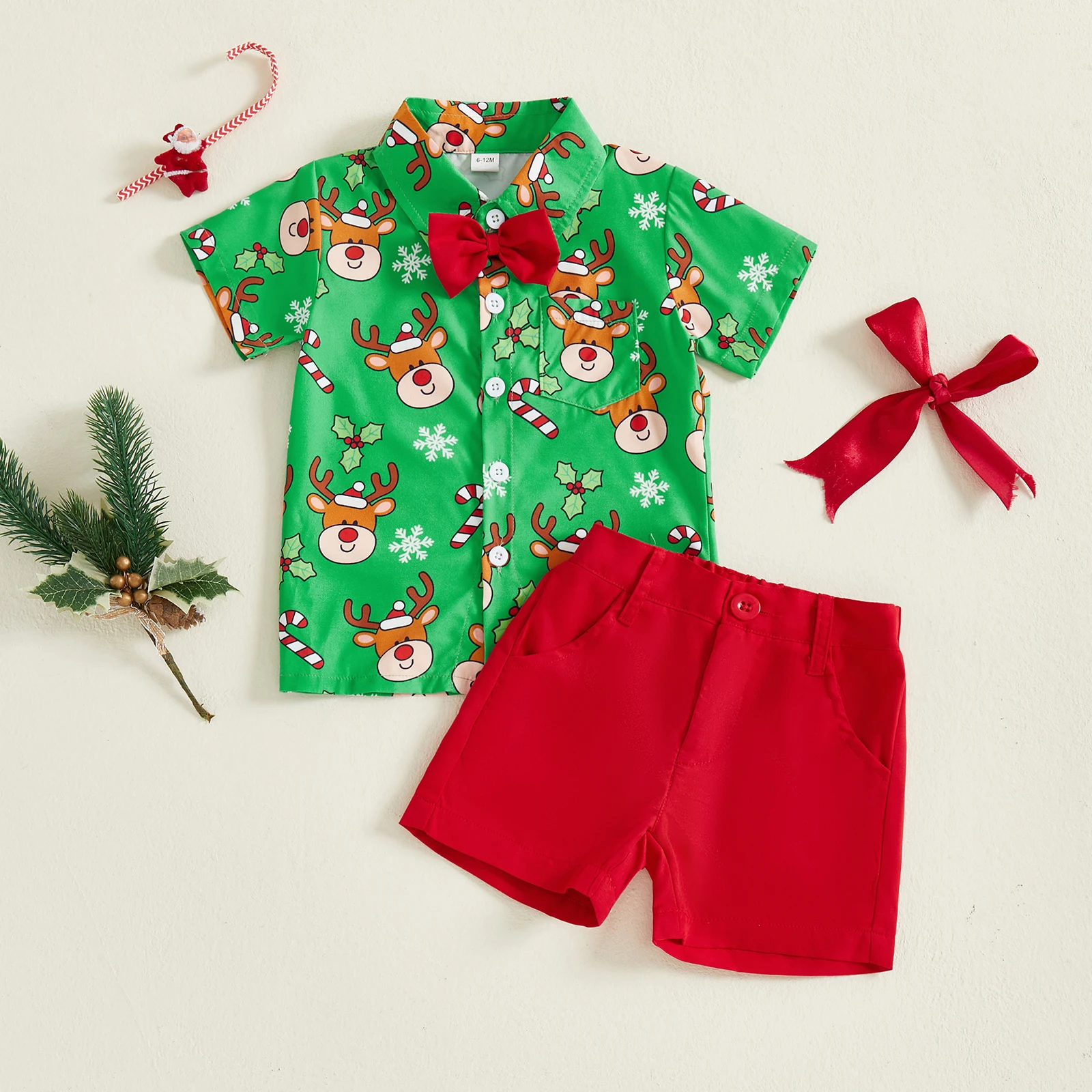

Toddler Little Boy Christmas Outfit Santa/Deer Print Short Sleeve Bowtie Shirt Solid Color Shorts 2 Piece Gentleman Set