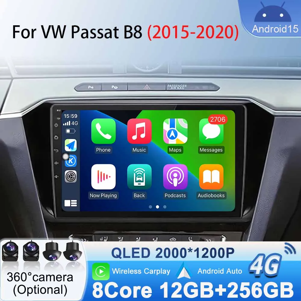 

For VW Passat B8 2015 -2020 Car Radio Android Auto Video Multimedia Android 15 WIFI Bluetooth GPS Navigation Carplay QLED Screen
