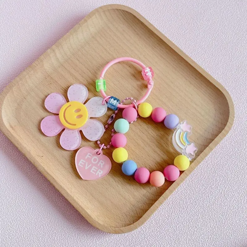 Sweet Korean Style Keychain Colorful Beaded Chain Keyrings Creative Crochet Flower Keychain Accessories For Cellphone Pendant