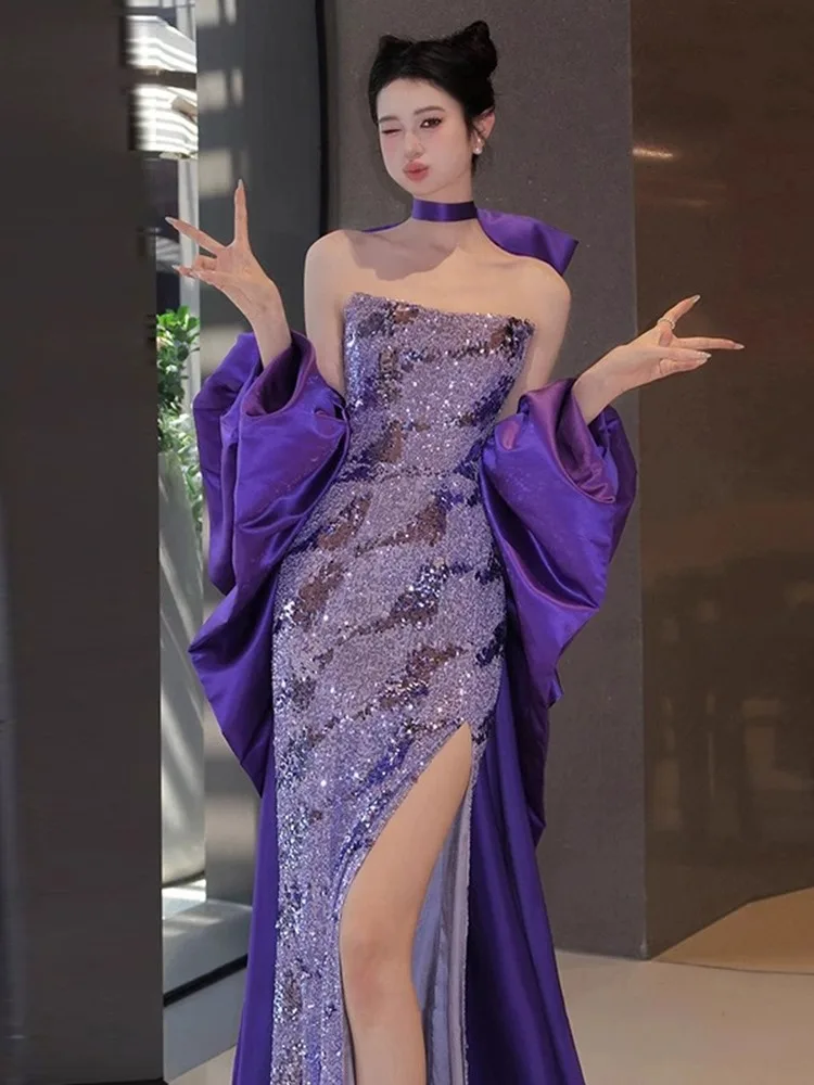 

Ele Purple Evening Gown for Year-End Dinner Par Wedding Host Fi Tail Dr Luxury Sensation Lady's Ball Dr