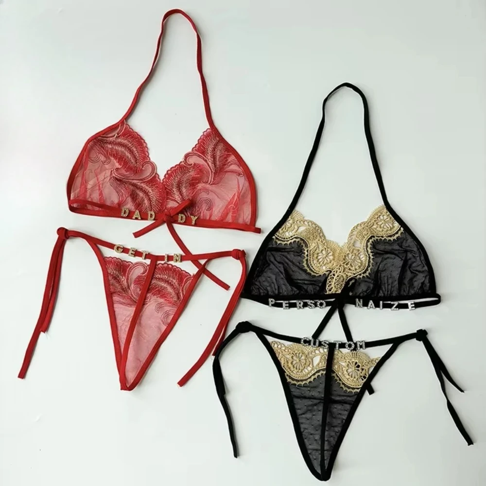 Conjunto de lencería con letras de cristal y nombre personalizado para mujer, ropa interior Sexy de encaje + bragas, conjunto de sujetador con Tanga, joyería para el cuerpo, regalo para esposa