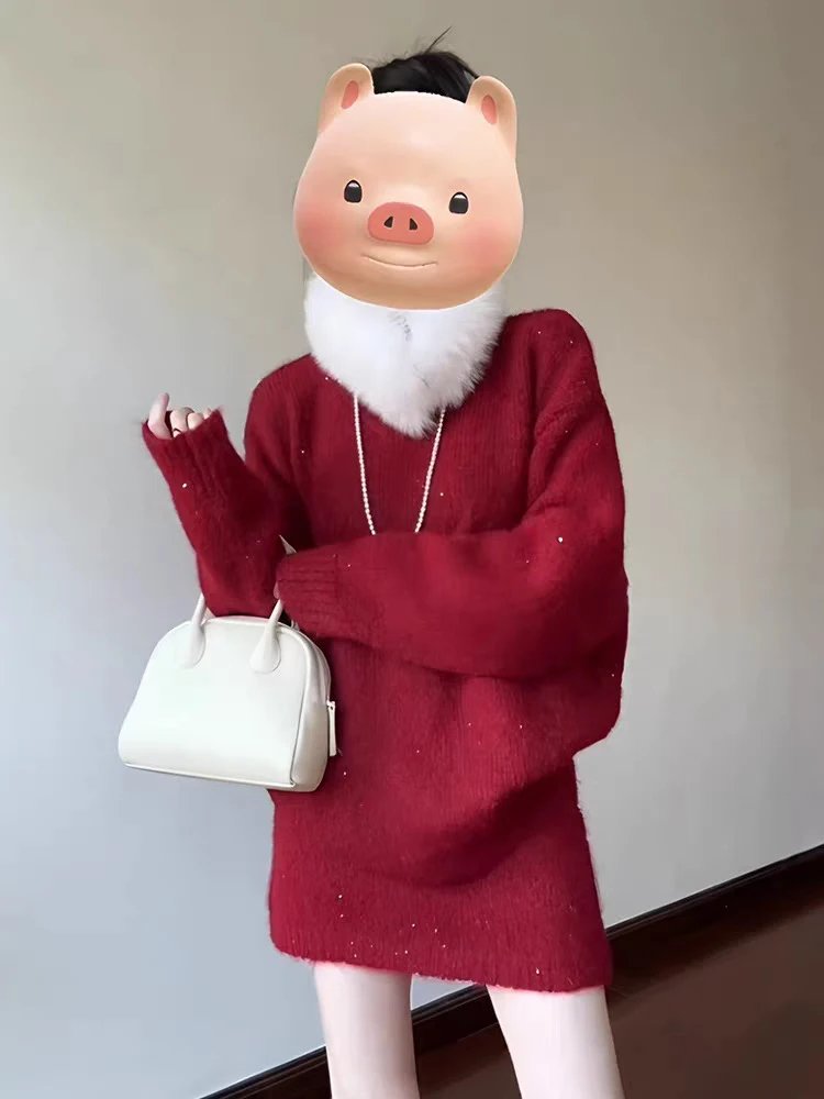 

Red Color Sweater And ort Skirt Set Korean Sle Luxury Winter Outfit Two Pieces Set Warm Thiened Polyester Fiber