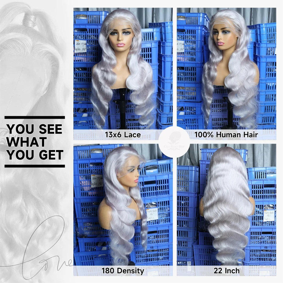 فضي رمادي الفيتنامية باروكة من شعر طبيعي الجسم موجة 13x6 HD الدانتيل الشفاف الجبهة قبل قطعها 180% الكثافة 28 30 بوصة شعر مستعار للنساء #3