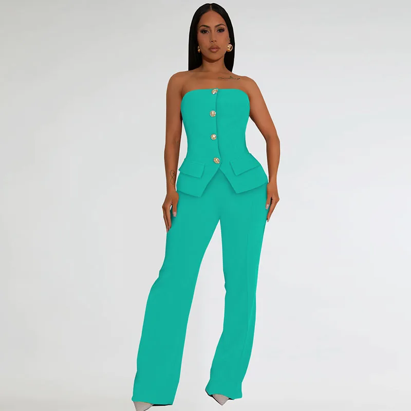 

Vintage Elegant Two Piece Set Women Workwear Office Lady Sleeveless Single-breasted Vest Top and Wide Leg Pants Club Party Suit