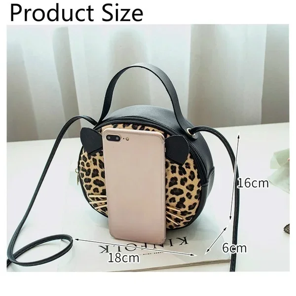 2023 Autumn New Korean Leopard Cat Small Round Bag Single Shoulder Oblique Cross PU Women\'s Bag Mobile Zero Wallet