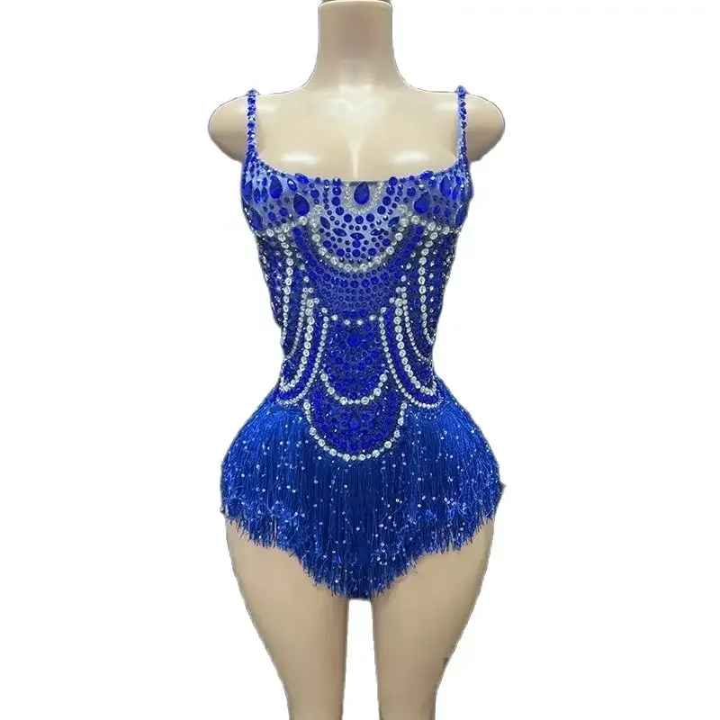 Nightclub Dj Ds Rave Outfits Women Sexy Gogo Dance Costume Stage Pole Dance Clothes Blue Rhinestones Fringed Bodysuit