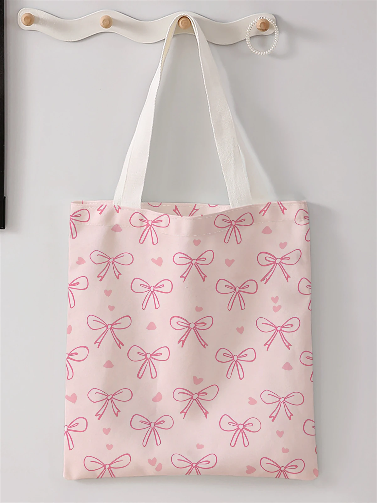 Bow Pattern Printed Casual Handbag, Reusable Fashionable Backpack, Multifunctional Handbag, Canvas Shopping Bag