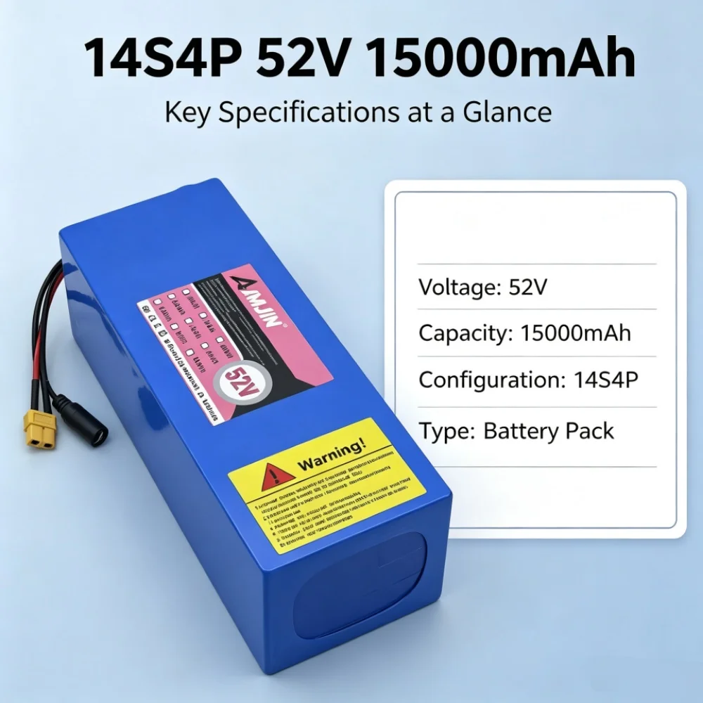 52V 14S4P 15000mah High Capacity 18650 Rechargeable Lithium Battery 1500W with BMS for Balance Car, Bike, Scooter, Tricycle