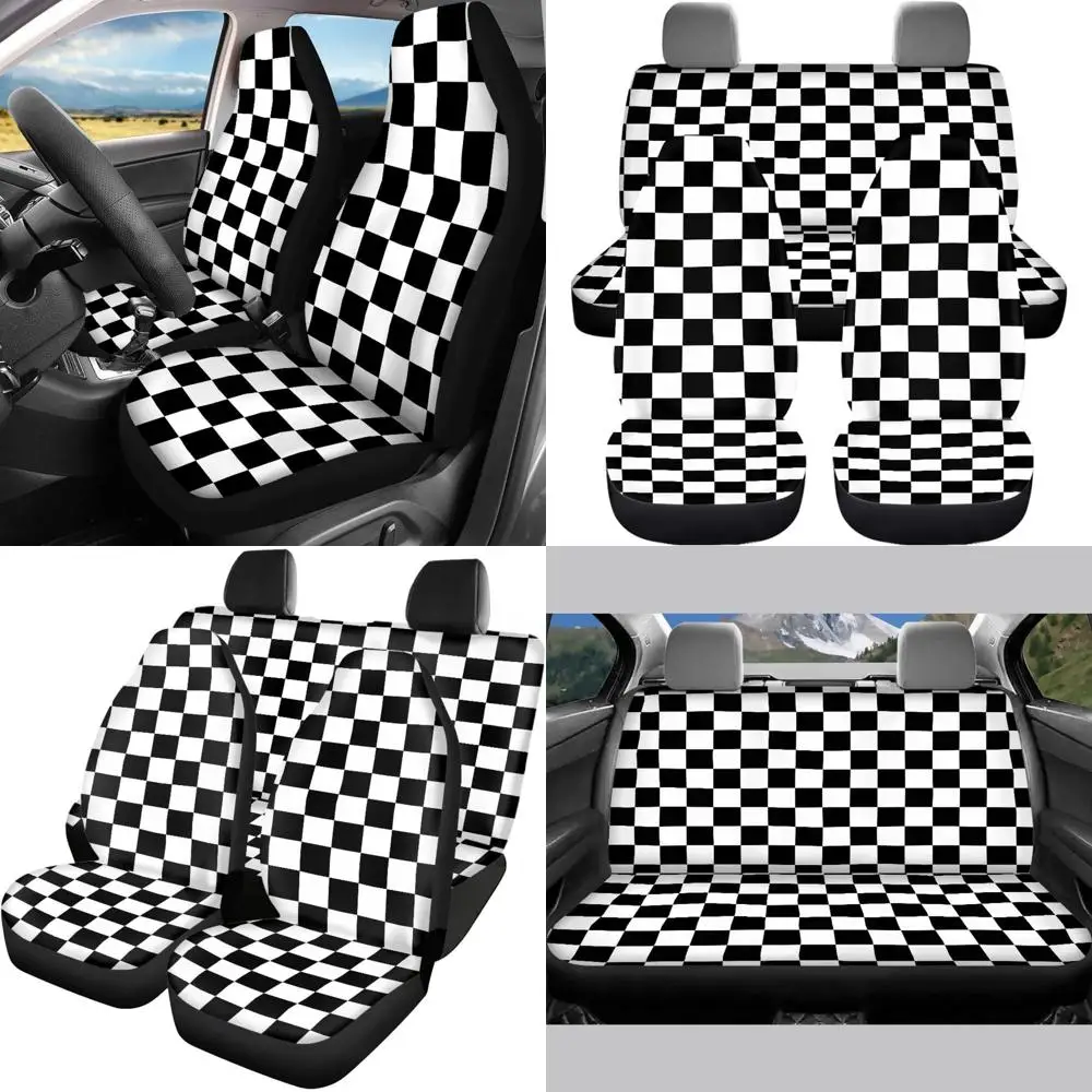 

Black and White Checkered Car Seat Covers Full Set Universal Non-Slip Vehicle Interior Deco for Women Men Car Accessories Automo