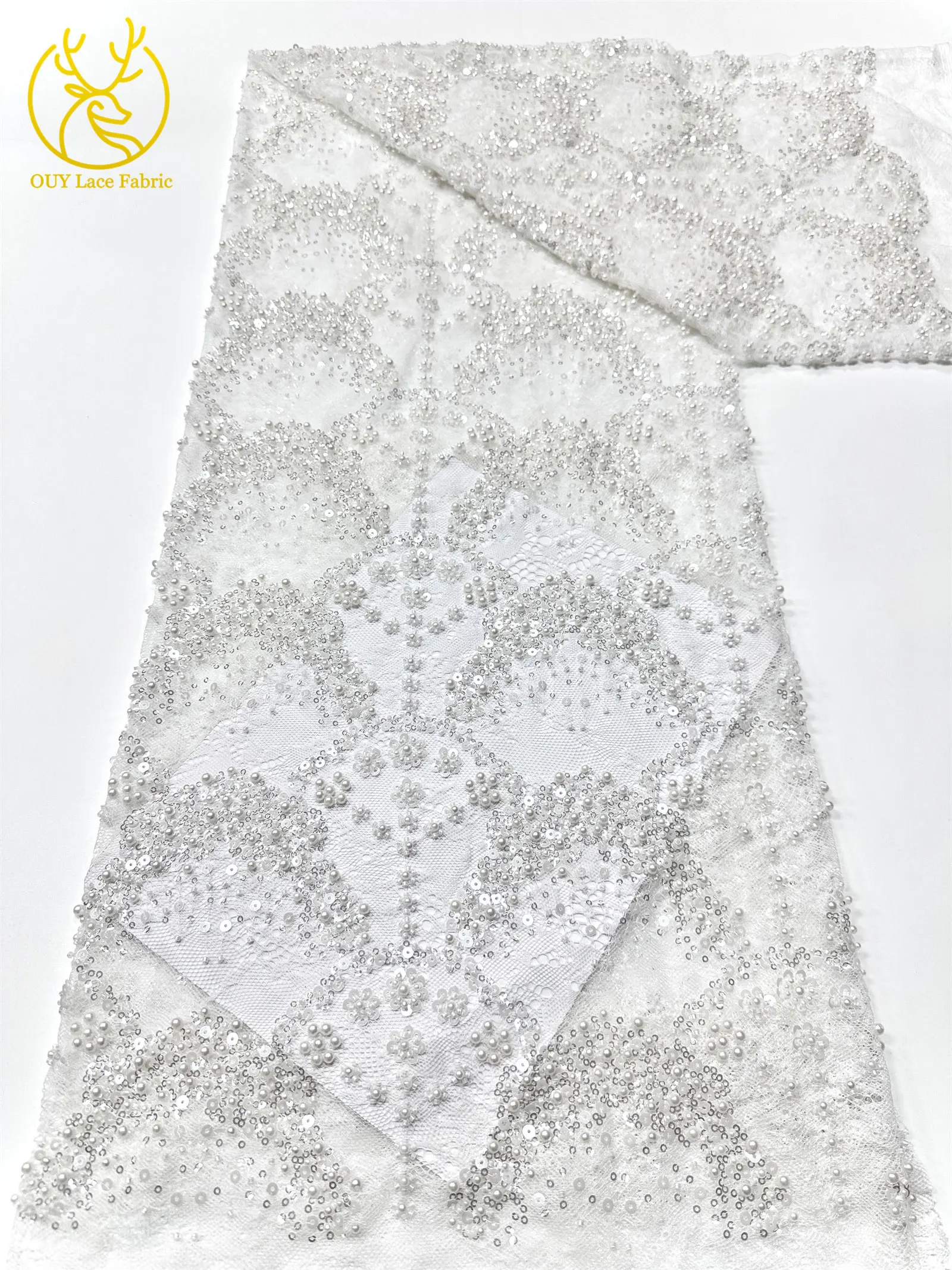 Luxuriöser französischer Kleid-Perlen-Spitzenstoff 2026, hochwertiger gelber afrikanischer Pailletten-Spitzenstoff für Frauen, Hochzeit, Party, Kleid, Nähen – Detail 9