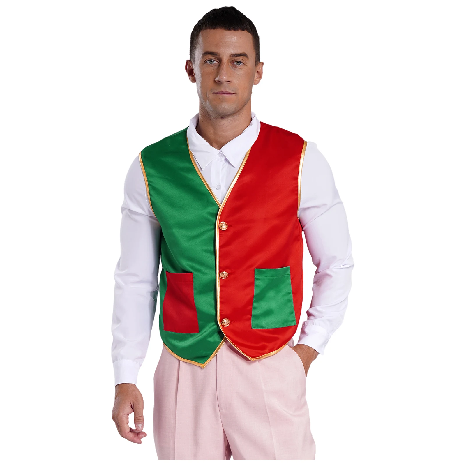 Men Christmas Vest Jazz Street Dance Vest with Metal Button Two Pockets for Role Play Party Carnival Stage Performance Costumes