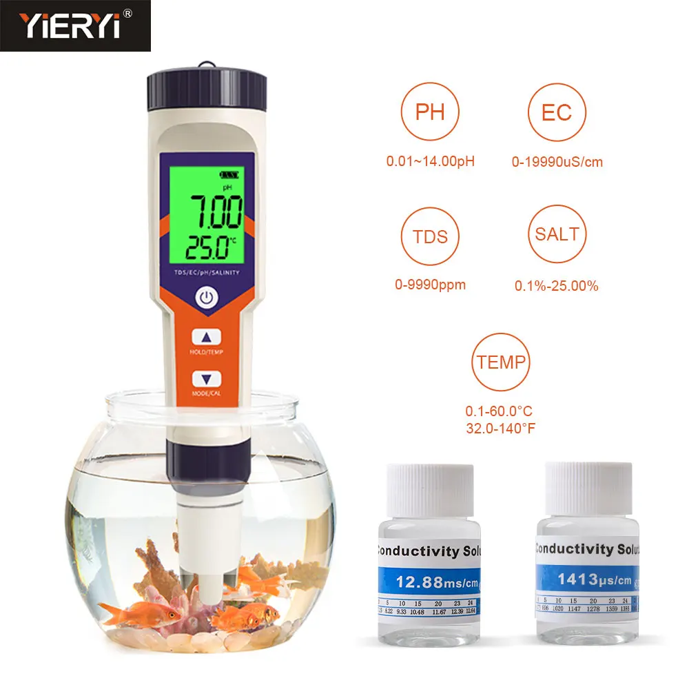 

5 in 1 PH Meter pH/TDS/EC/Salt/Temp 0.01 Resolution ATC Waterproof Digital Salinity Tester for Aquariums Pool Fish Tank Seawater