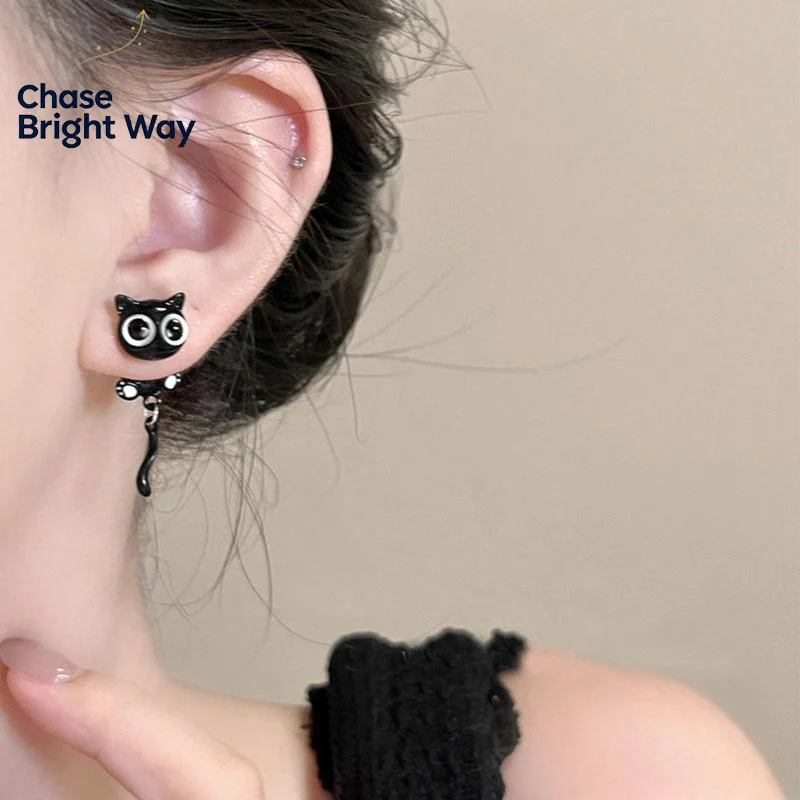 1 Pair Cartoon Cute Black Cat Dangle Earrings Big Eyes Swing Tail Fashion Jewelry for Cat Lovers Daily Wear