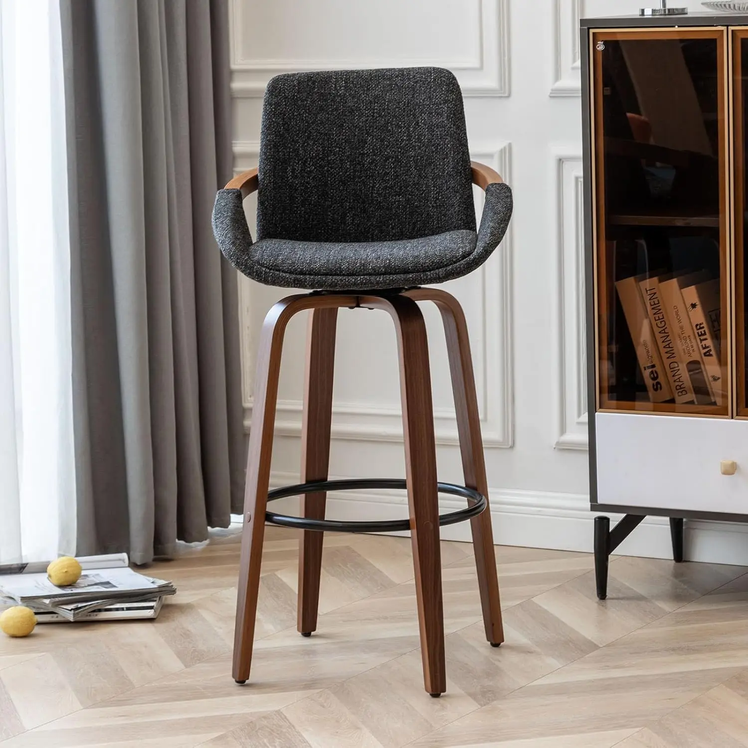 LUNLING 60 cm barkrukken op barhoogte, set van 2 moderne retro barstoelen uit het midden van de eeuw, houtskoolgrijs linnenlook, stof gestoffeerd en