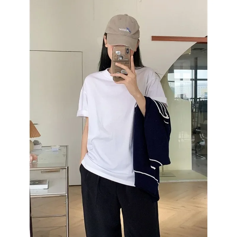 Women Loose Short Sleeved T-shirt Pure Cotton Black and White Monochromatic Base Half Sleeved Oversized Top Spring Summer New