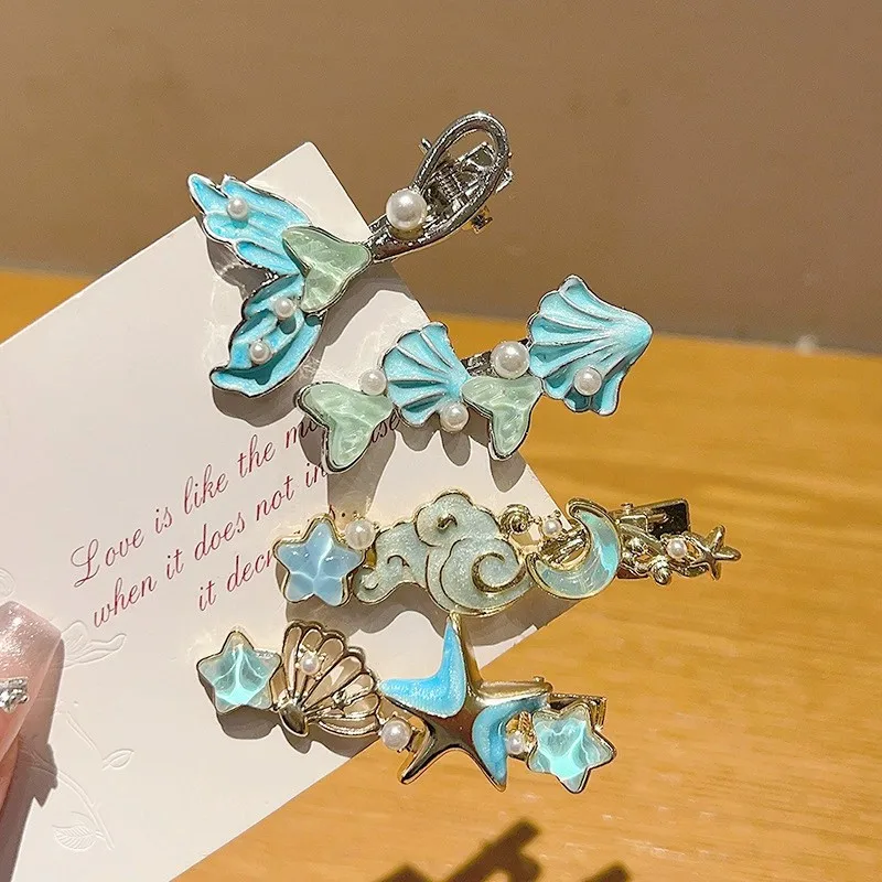 Pearl Duckbill Clip Dream Blue Fish Tail Hairpin Women's Side Clip Light Luxury Hairpin Korean Style Jewelry Hair Accessories
