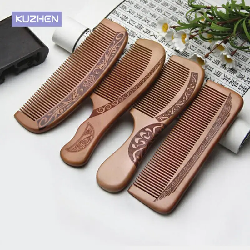 1pcs Anti-Static Comb Hair Care Tool Natural Peach Solid Wood Comb Engraved Peach Wood Healthy Massage Beauty Accessories