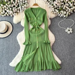 2024 Green Fashion Autumn Winter Knitted Long Dress French Style Letter Buttons Elegant Sweater Dress Lady Office Bodycon