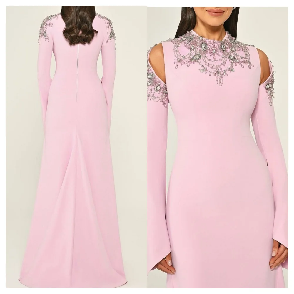 angepasstCustomized Formale Rosa Jersey Abendkleid Temperament Rundhals Lange Ärmel Party Kleid Hohe Qualität Gerade Promi