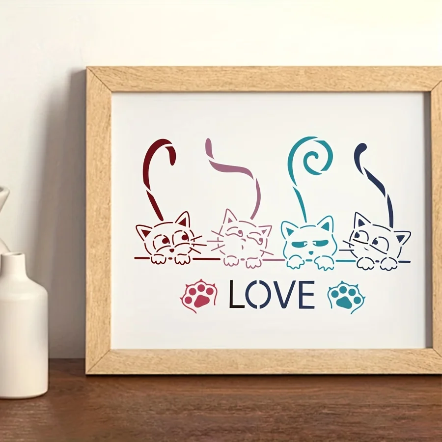 고양이 사랑 그리기 스텐실 |   재사용 가능 |   DIY 중공 에어브러시 템플릿 |   귀여운 발 프린트 디자인 |   공예 낙서 그림 도구