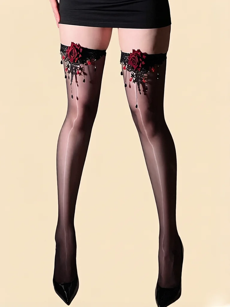 Fashion Pendant Rose Flower 3D Stocking Women's Oil Shiny Party Stocking Vintage Elegant Thin Above Stocking Woman Lingerie