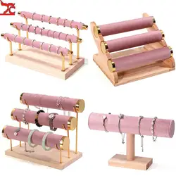 Solid Wood Pink Velvet Jewelry Exhibitor Stand Ring Earrings Storage Stand Bracelet Watch Display Stand