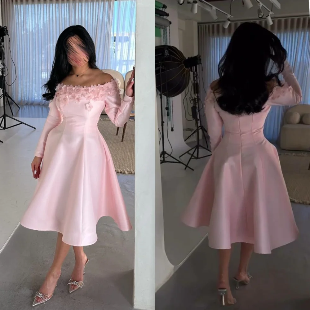 

Customized High Quality Evening Satin Flower Draped Graduation A-line Off-the-shoulder Bespoke Occasion Gown Knee Length Dresse