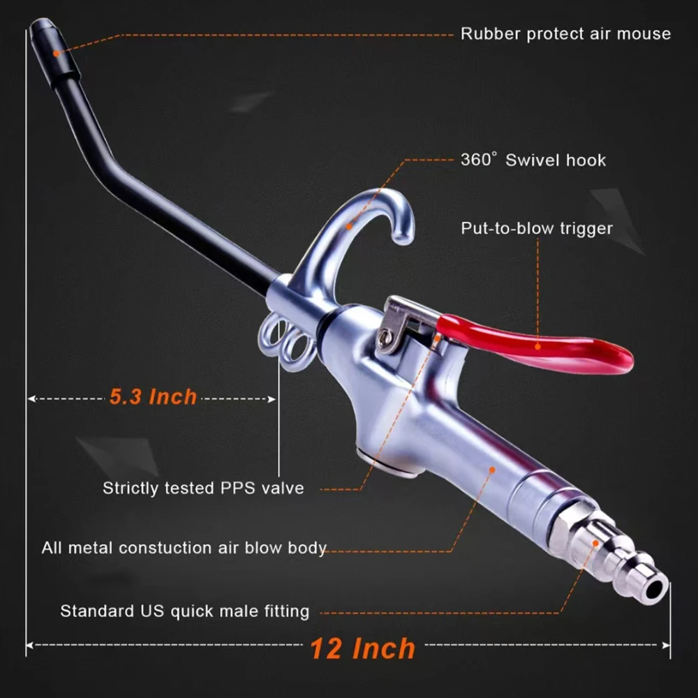 Air Blow Gun Aluminum Air Dust Gun Angled Bent Nozzle Pistol Grip Pneumatic Tool High Pressure 1/4