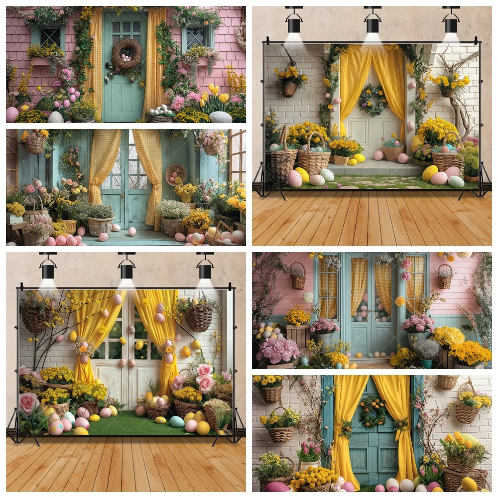

Весенний пасхальный фон для фотосъемки на заказ, желтый занавес, деревянная дверь, цветок, яйцо, детский день рождения, декор для детского душа, фон, баннер
