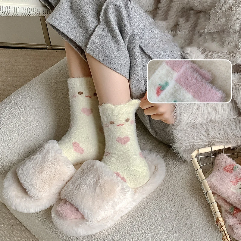 

1Pair Lovely Socks For Women Kawaii Thicken Cashmere Middle Tube Socks Sweet Girls Soft Warm Outwear Floor Wear Socks