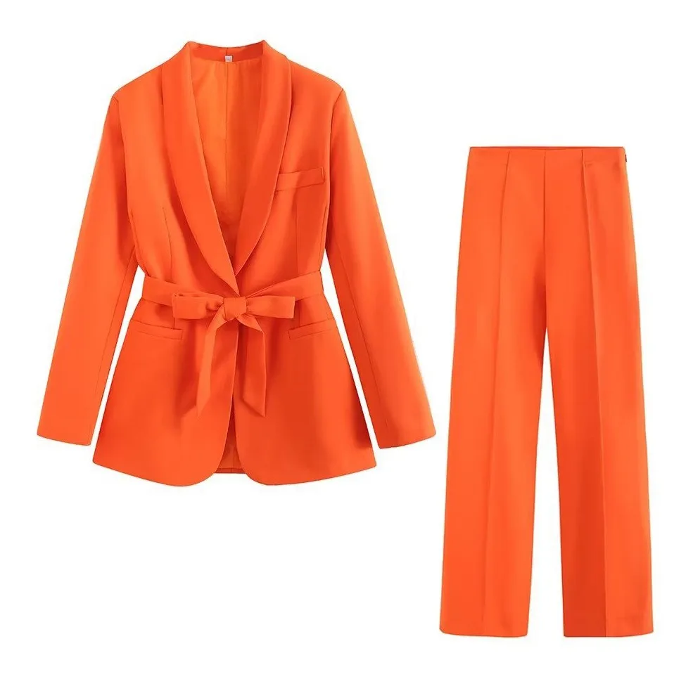 Women 2 Piece Suit Sets Lapel Full Sleeve Blazers Belt Lace Up Bow Long Pants Slim Fit Ensemble Evening Formal Work Summer 2026