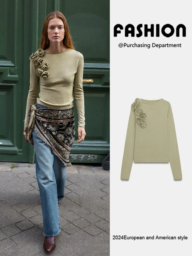 

Winter New Women's Knitted Long Sve Comfortable Slim Fit Floral Top Versatile Simple Sle European Faion round Ne Pul...