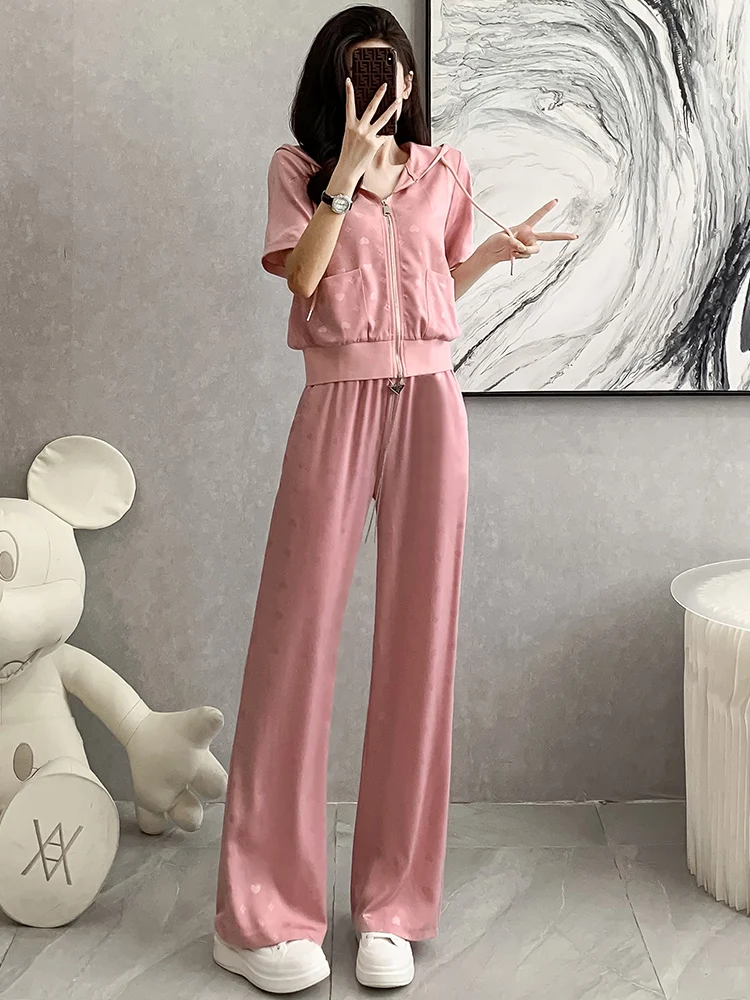 

Street Style Casual Sportswear Set Women Summer Trendy Pink Short Sleeve Hooded Wide Leg Pants Thin Fashionable Two Piece Set